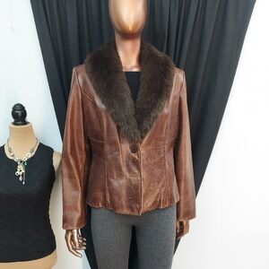 Guess Brown Leather Jacket with Faux Fur Collar
